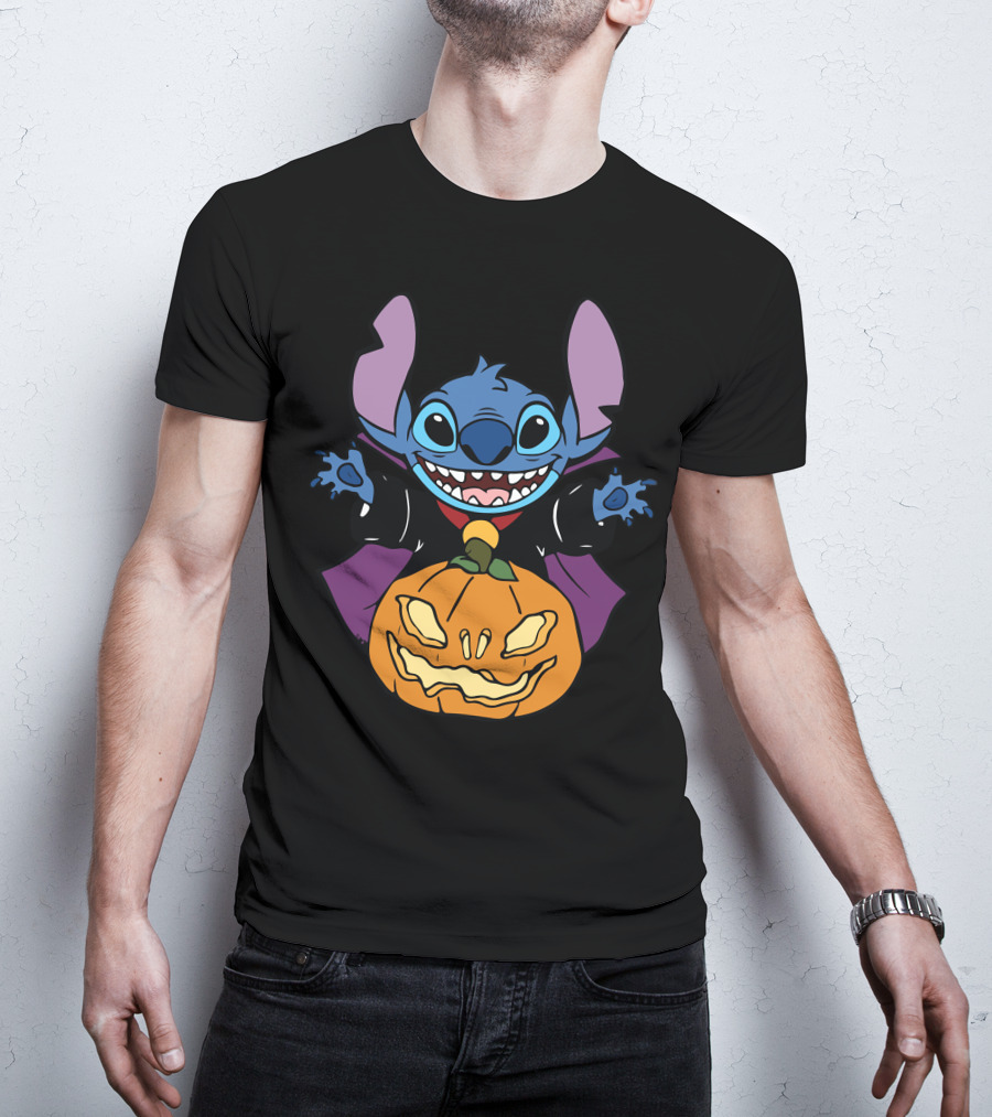 Cute Halloween Vampire Stitch Hugging Pumpkin T-Shirt