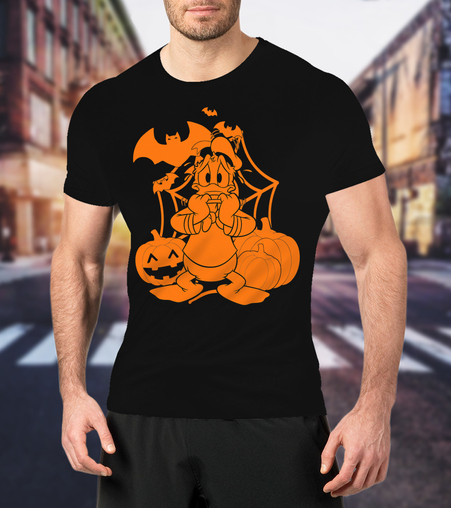 Donald Duck Halloween Pumpkins With Bat And Spider Webs T-Shirt