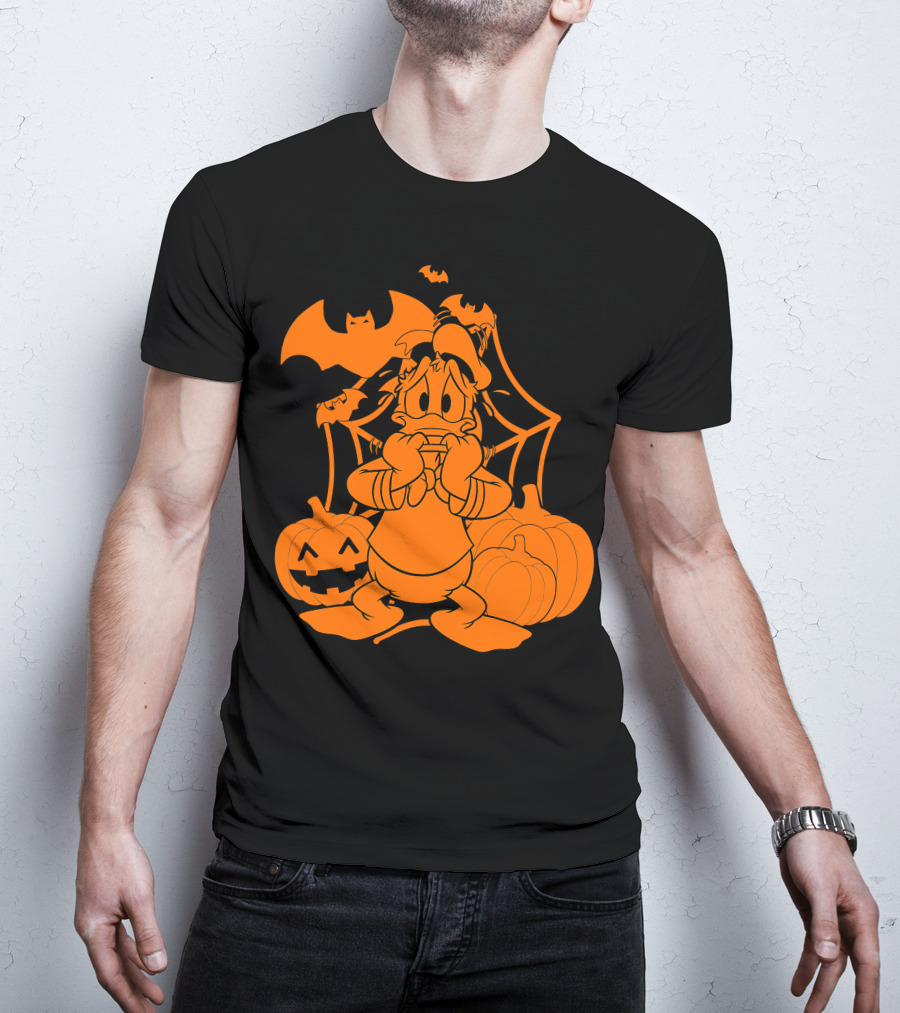 Donald Duck Halloween Pumpkins With Bat And Spider Webs T-Shirt