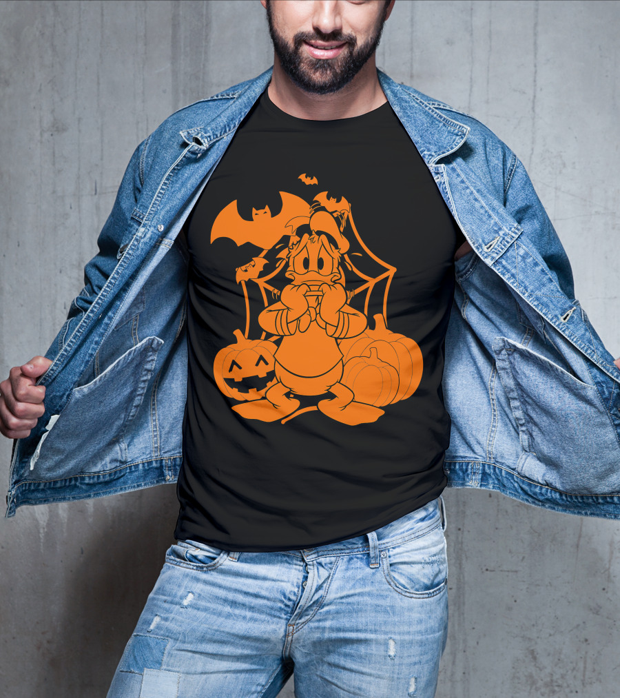 Donald Duck Halloween Pumpkins With Bat And Spider Webs T-Shirt