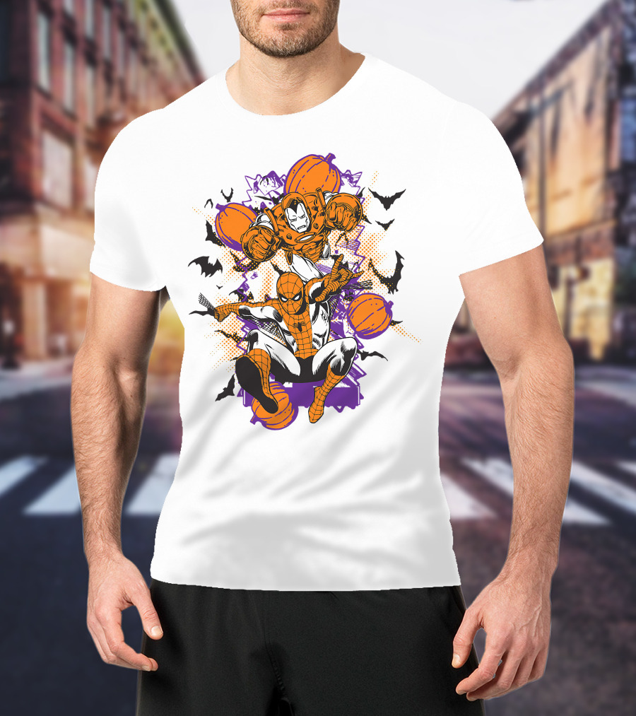 Marvel Spider Man And Iron Man Halloween Pumpkins And Bats T-Shirt