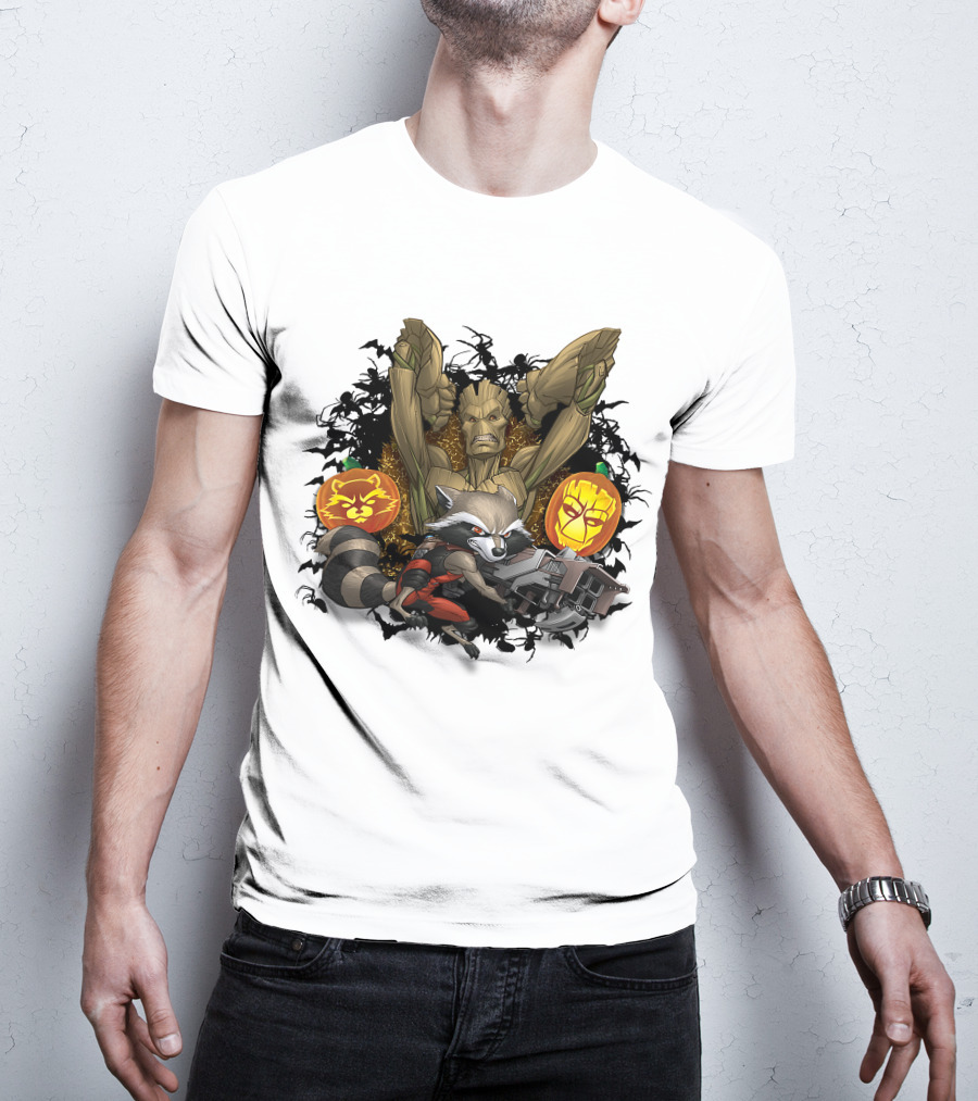 Groot And Rocket Raccoon Halloween Jack O' Lantern Duo T-Shirt