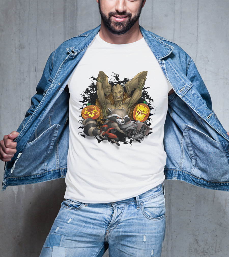 Groot And Rocket Raccoon Halloween Jack O' Lantern Duo T-Shirt