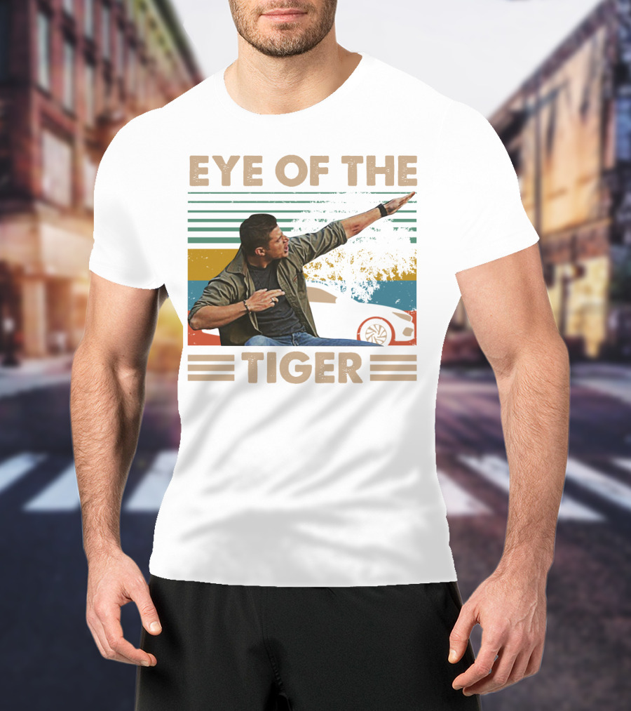 EYE OF THE TIGER Retro Action Pose With Car And Stripes T-Shirt