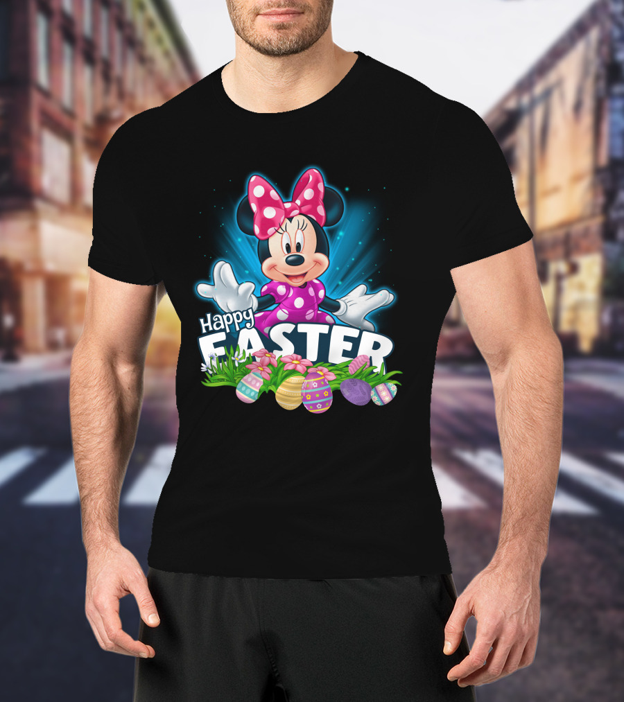 Minnie Mouse Happy Easter With Colorful Eggs And Flowers T-Shirt
