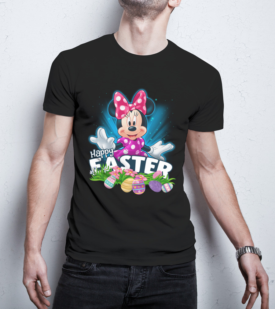Minnie Mouse Happy Easter With Colorful Eggs And Flowers T-Shirt