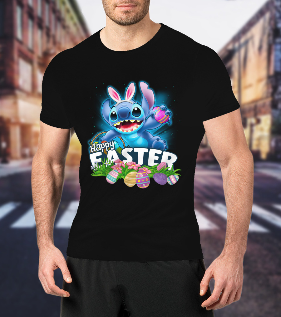 Happy Easter Stitch With Colorful Eggs And Flowers T-Shirt