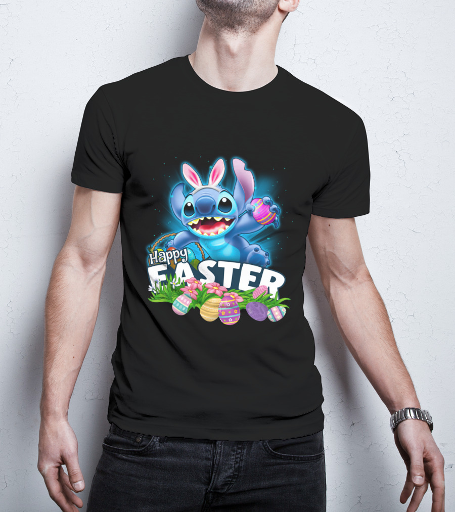 Happy Easter Stitch With Colorful Eggs And Flowers T-Shirt