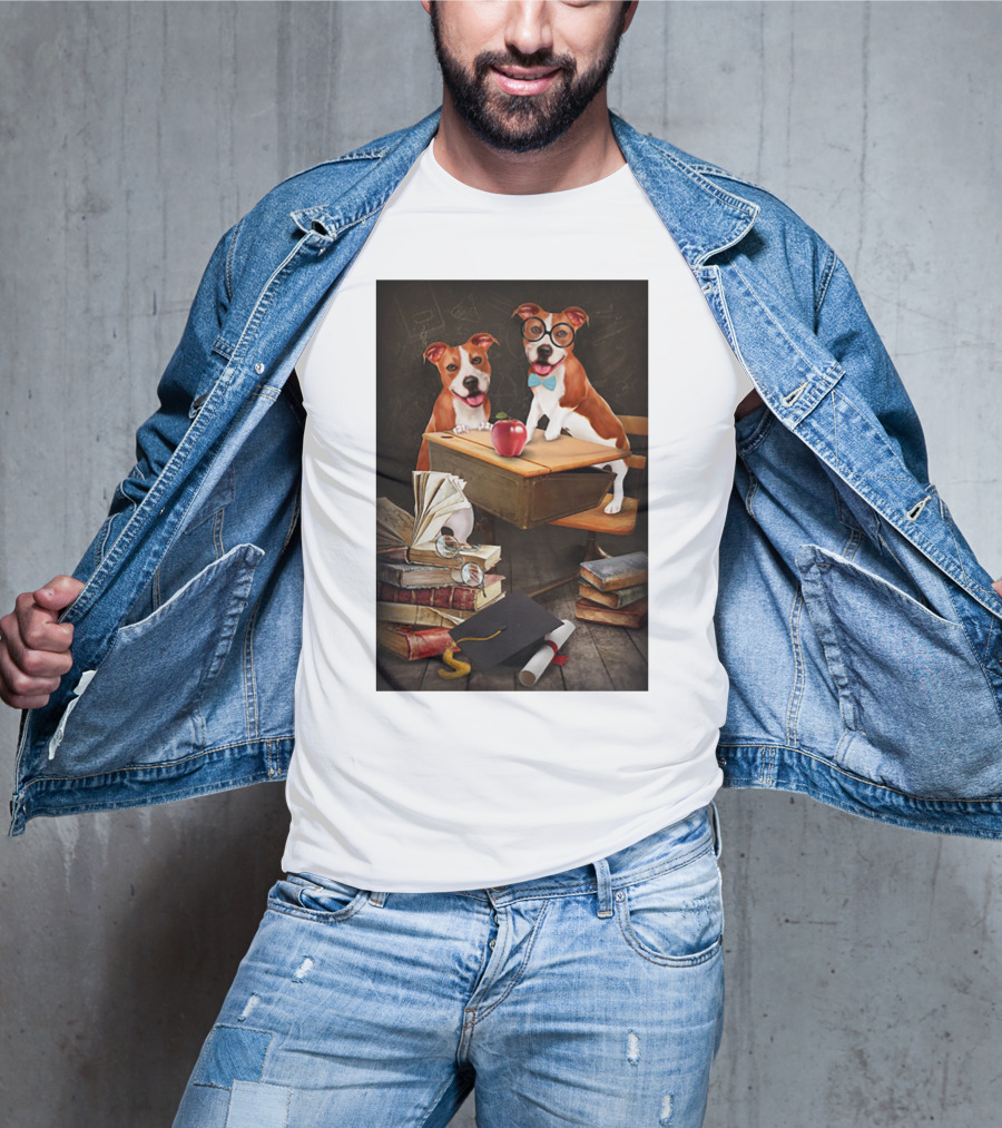 Pitbull Teacher Dogs With Books And Graduation Cap T-Shirt