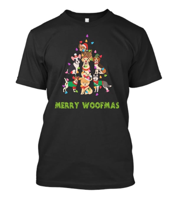 Merry Woofmas Christmas Funny Dog Holiday Tree With Festive Lights T-Shirt