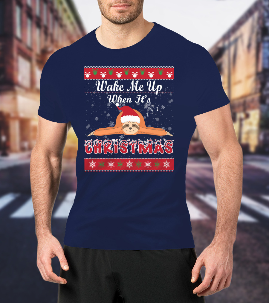 Wake Me Up When It's Christmas Sloth Santa Hat Snowflakes Zzz T-Shirt