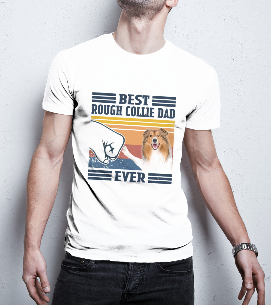 Best Rough Collie Dad Ever Fist Bump Retro Stripes T-Shirt