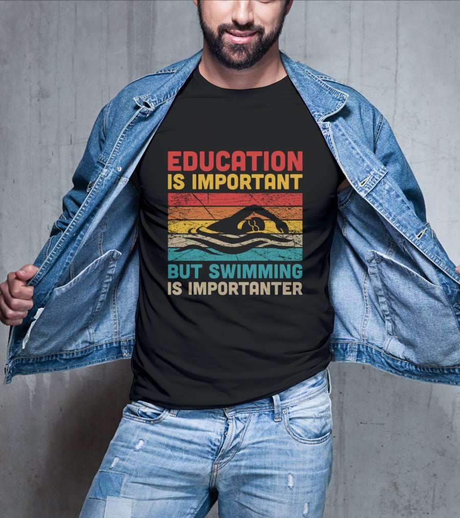 Vintage Education Is Important But Swimming Is Importanter Retro Swimmer T-Shirt