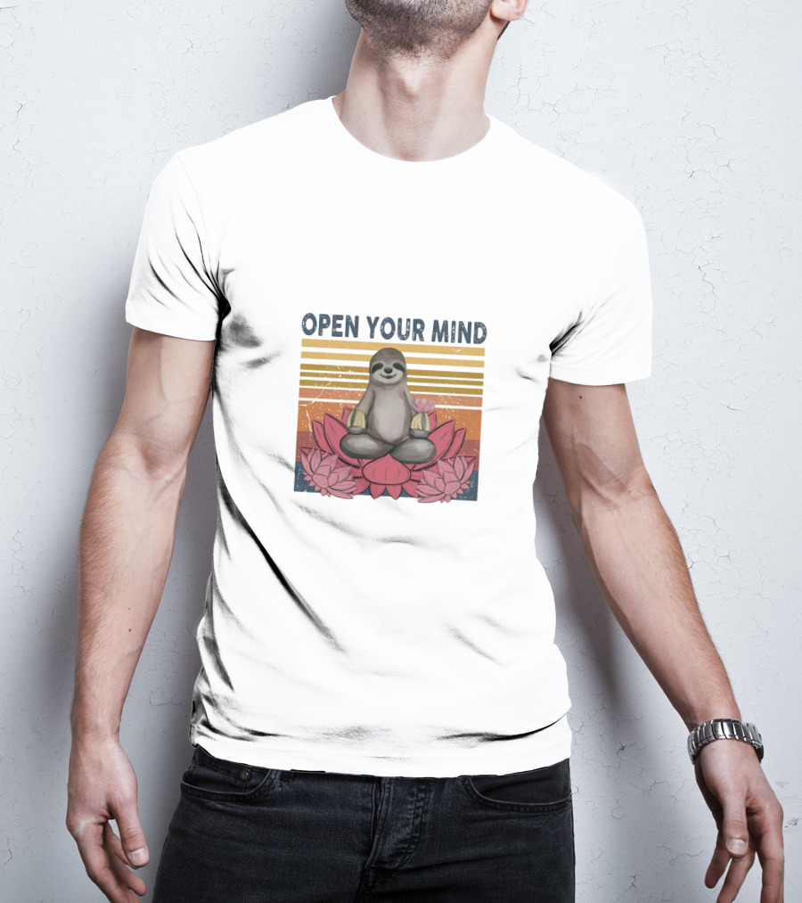 Open Your Mind Yoga Sloth On Lotus With Retro Stripes T-Shirt