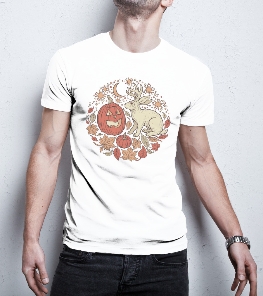 Halloween Friends Autumn Palette Jackalope Pumpkin Moon Stars Leaves T-Shirt