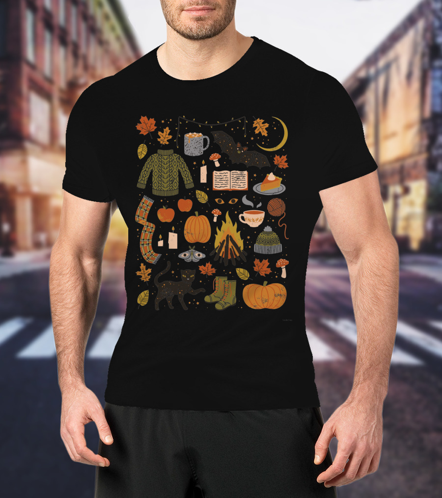 Autumn Nights Cozy Sweater Pumpkin Campfire Black Cat Moonlit Fall Leaves T-Shirt