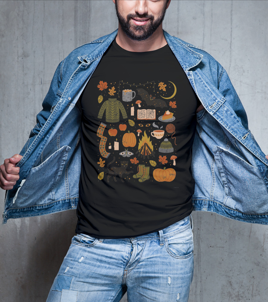 Autumn Nights Cozy Sweater Pumpkin Campfire Black Cat Moonlit Fall Leaves T-Shirt
