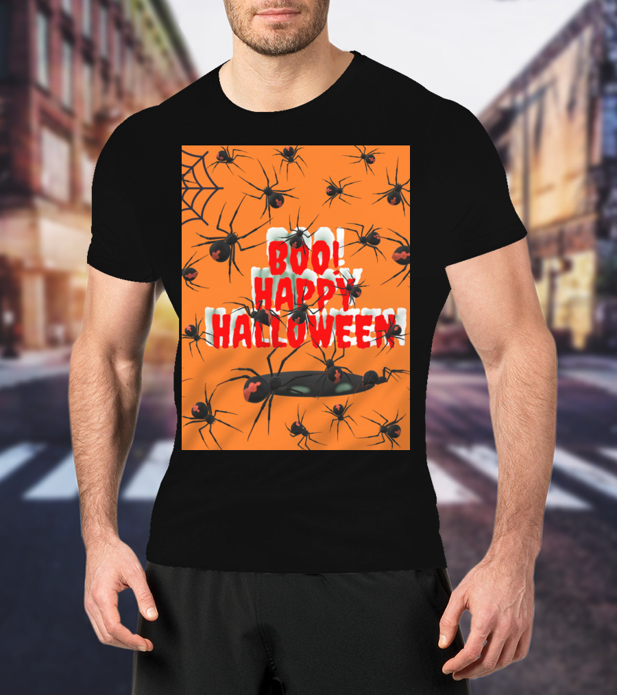 BOO Happy Halloween Spiders Orange Web T-Shirt