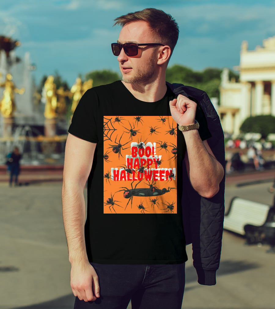BOO Happy Halloween Spiders Orange Web T-Shirt
