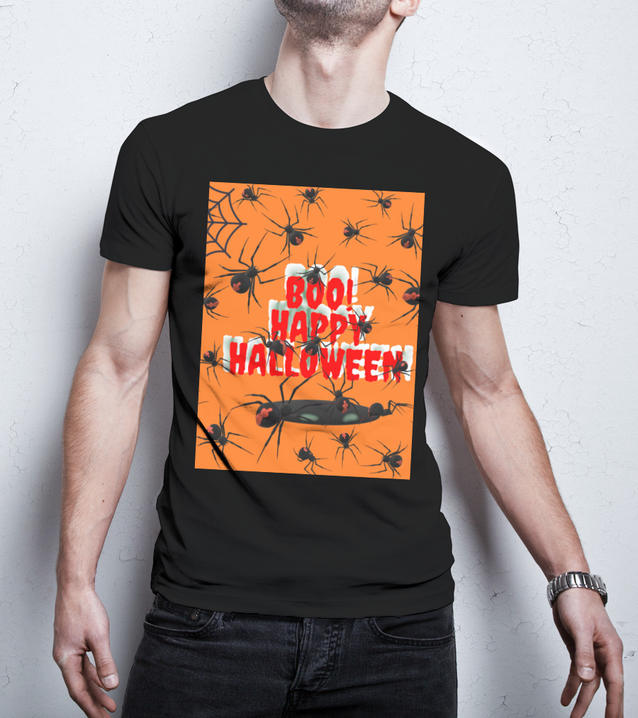 BOO Happy Halloween Spiders Orange Web T-Shirt