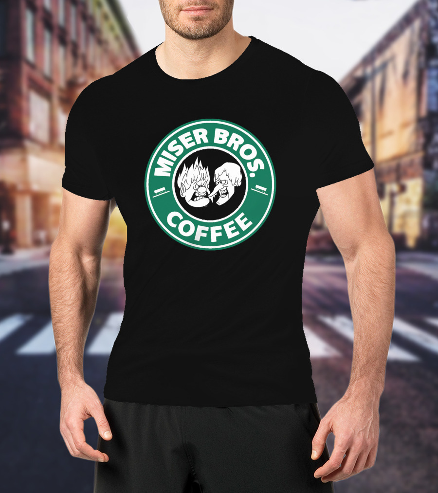 Miser Bros Coffee Logo Parody Starbucks Christmas Cartoon Characters T-Shirt