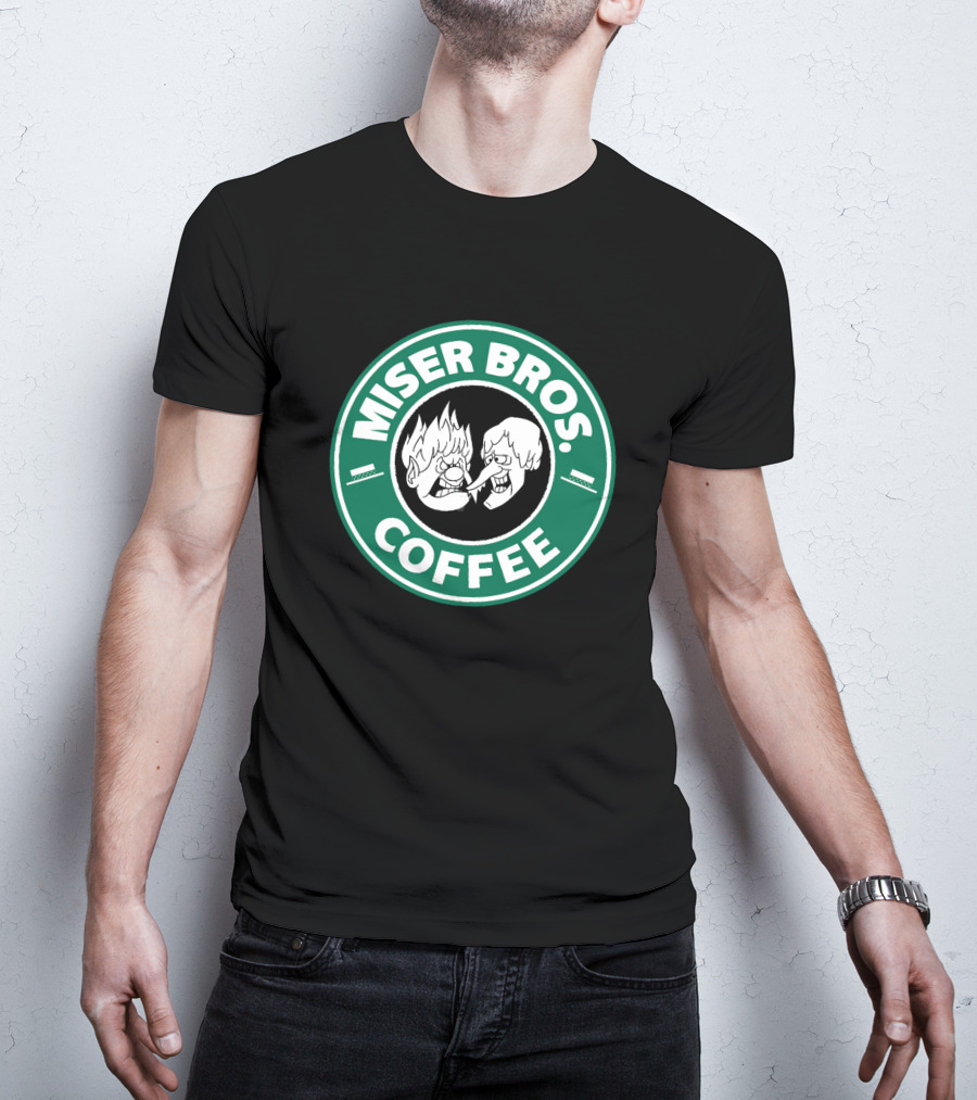 Miser Bros Coffee Logo Parody Starbucks Christmas Cartoon Characters T-Shirt