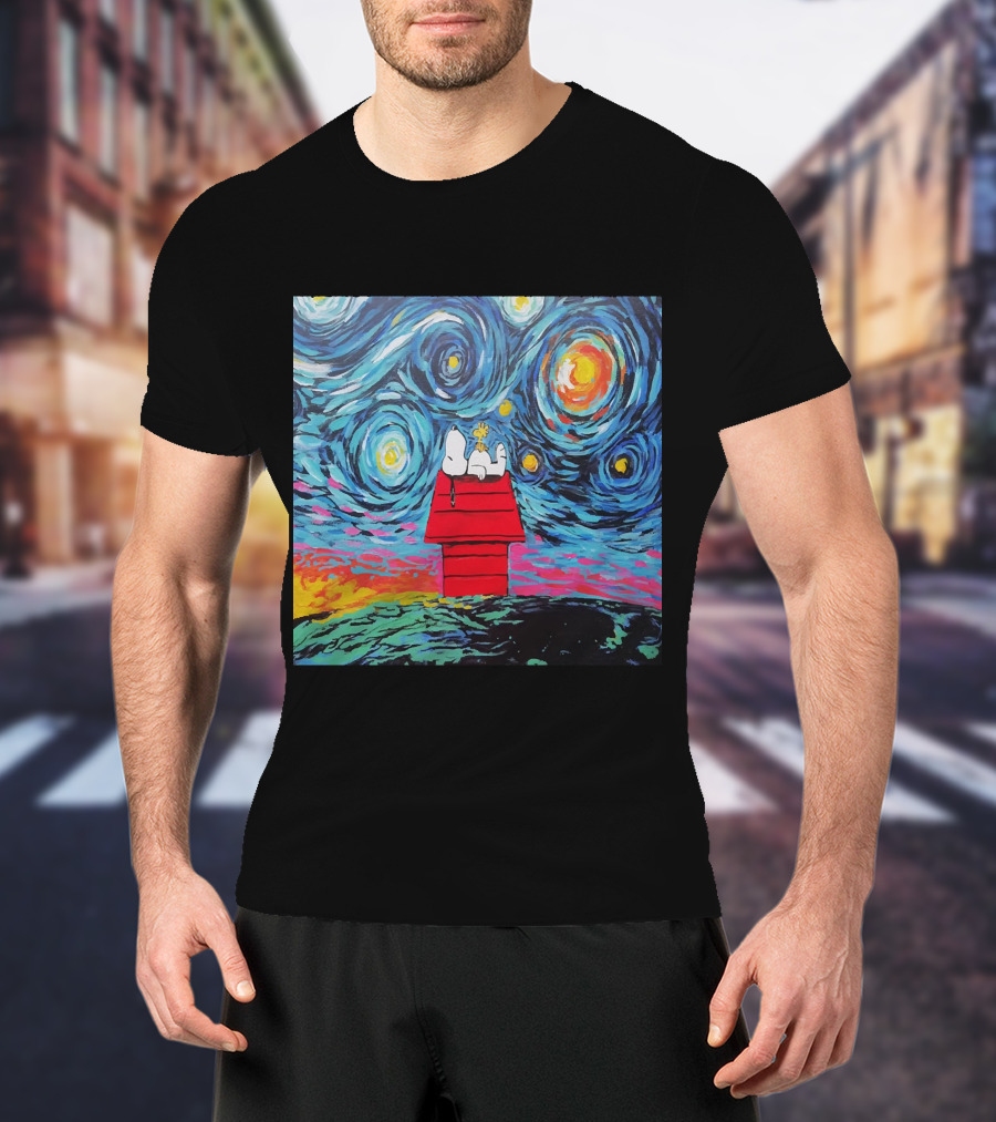 Snoopy And Woodstock On The Doghouse Under A Starry Night T-Shirt