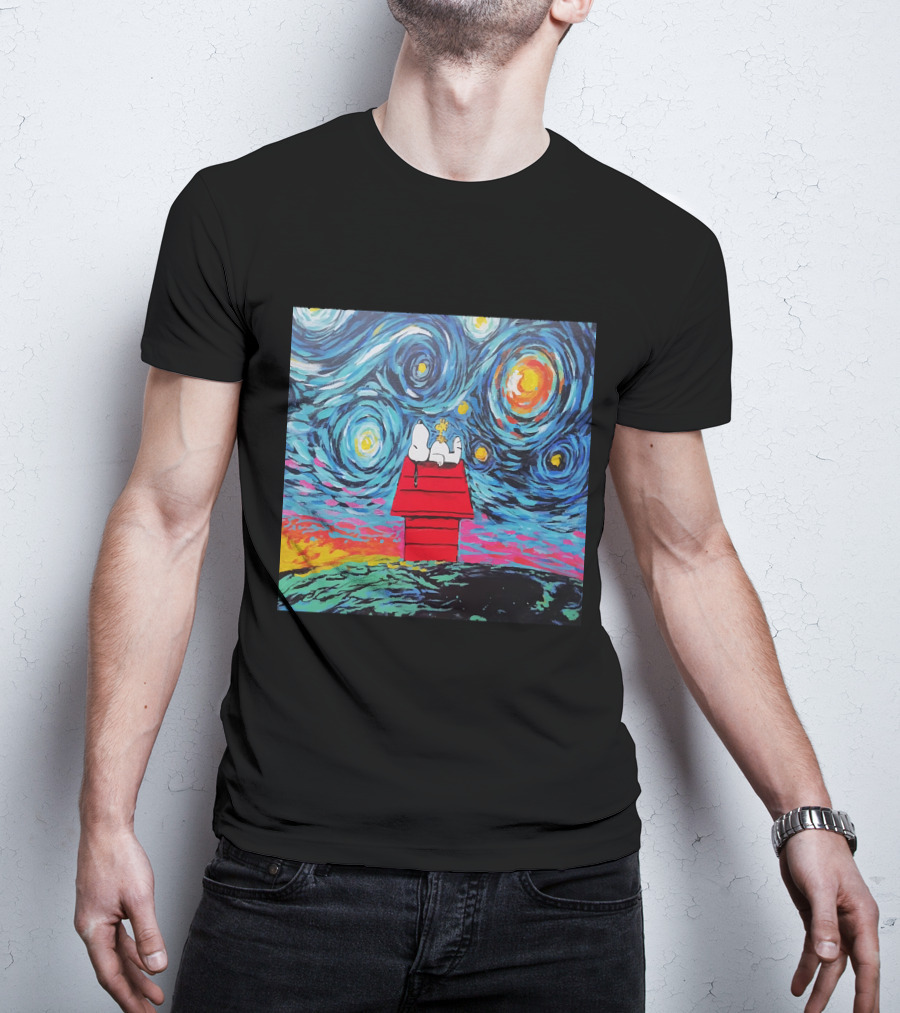 Snoopy And Woodstock On The Doghouse Under A Starry Night T-Shirt