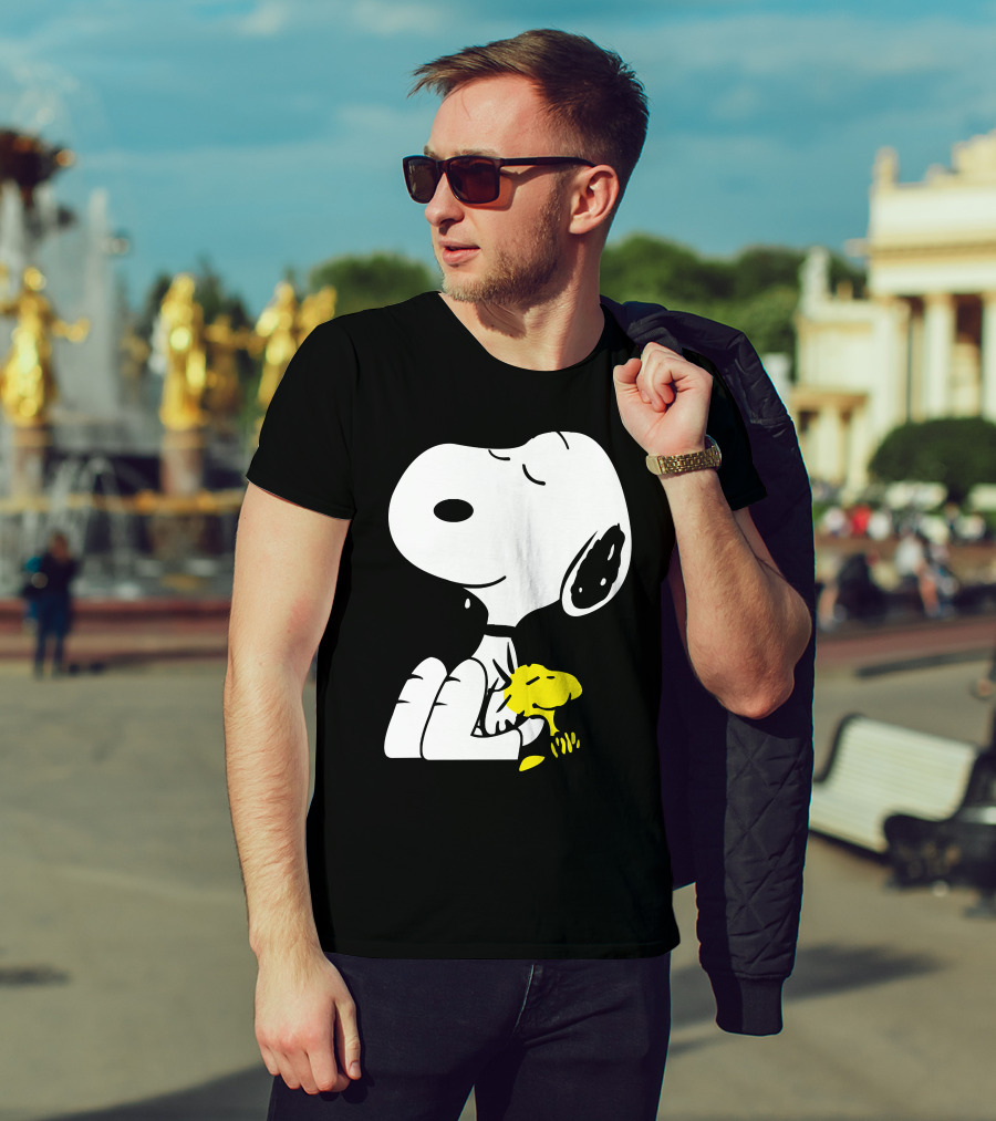 Snoopy Sleep In Peace With Woodstock Sleeping In Black And White Peanuts Comic T-Shirt