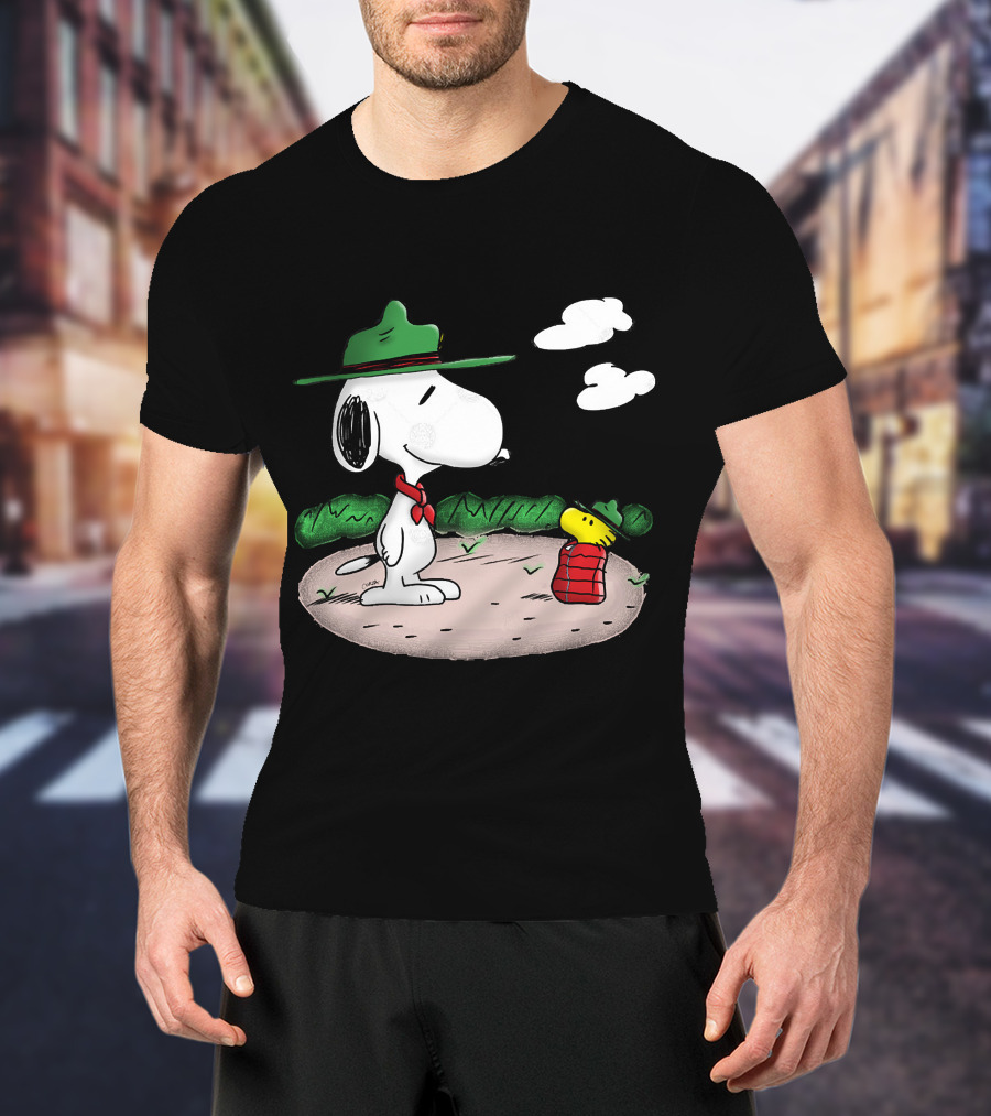 Snoopy Woodstock Camping Adventure With Green Hats And Red Scarf T-Shirt