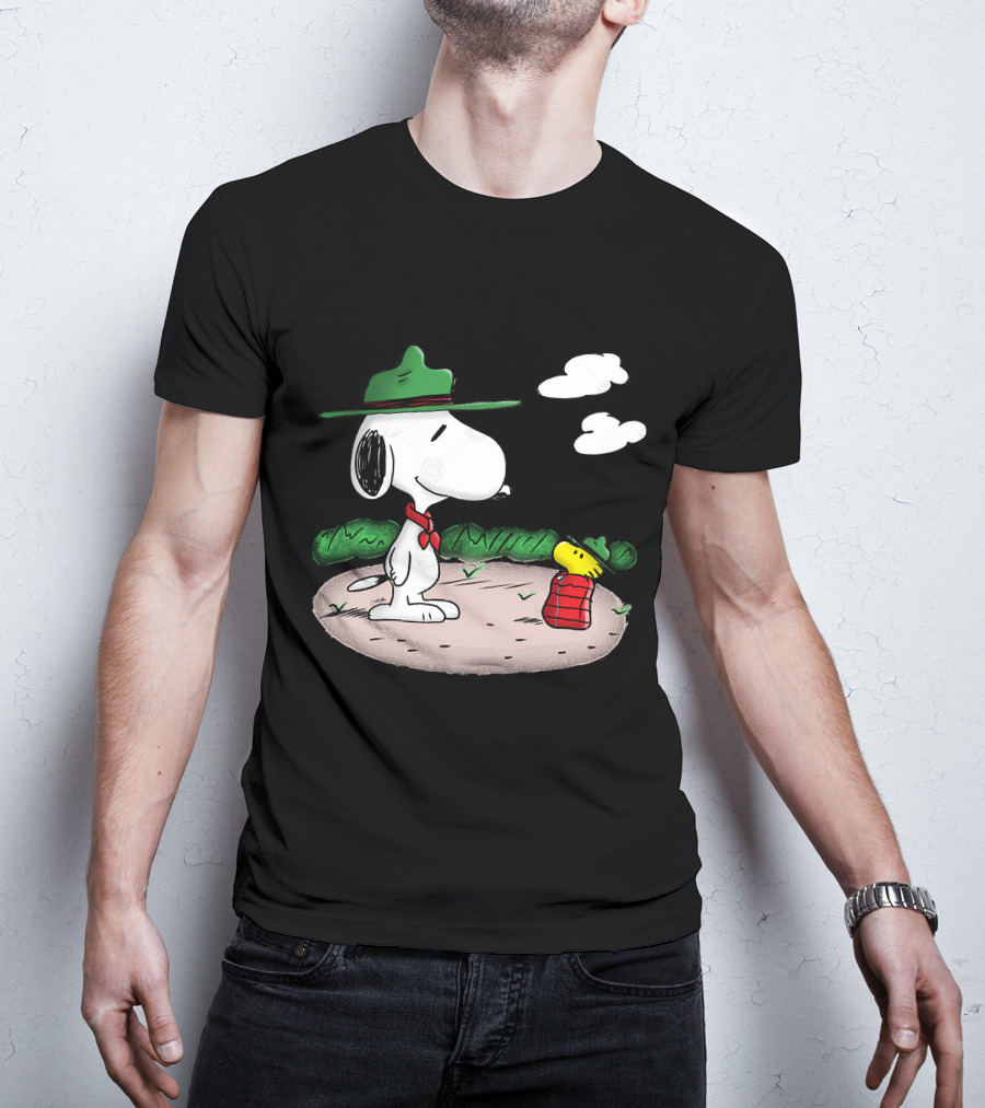 Snoopy Woodstock Camping Adventure With Green Hats And Red Scarf T-Shirt