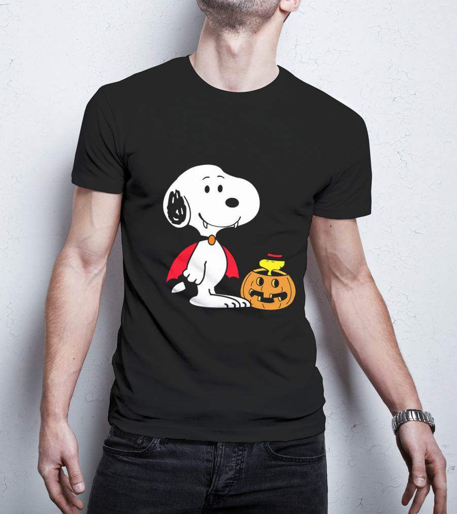 Snoopy Halloween Vampire With Woodstock In Pumpkin Hat T-Shirt