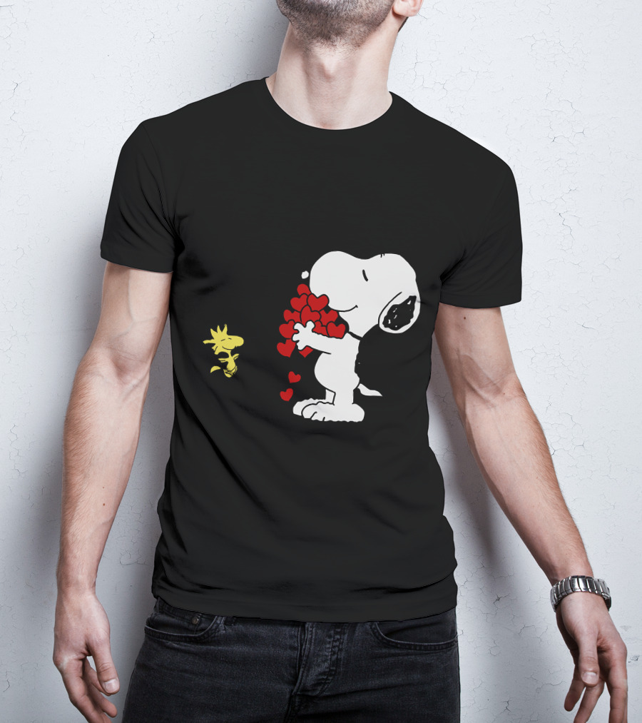 Snoopy Holding Hearts With Woodstock Hugging T-Shirt