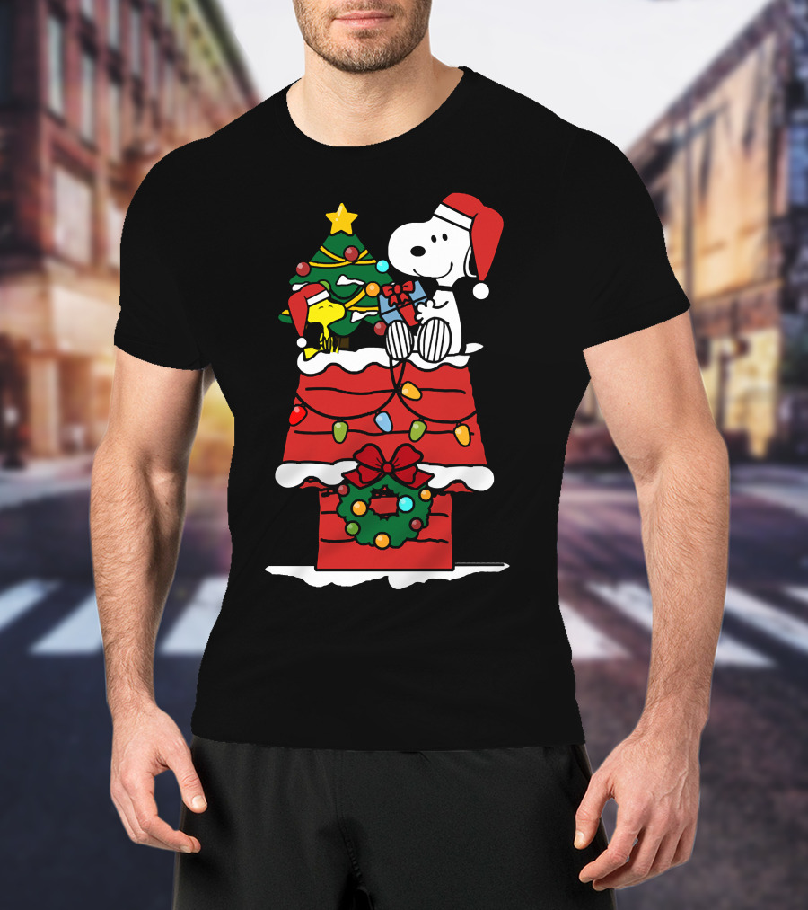 Snoopy And Woodstock Celebrate Christmas On Doghouse With Santa Hats And Tree T-Shirt