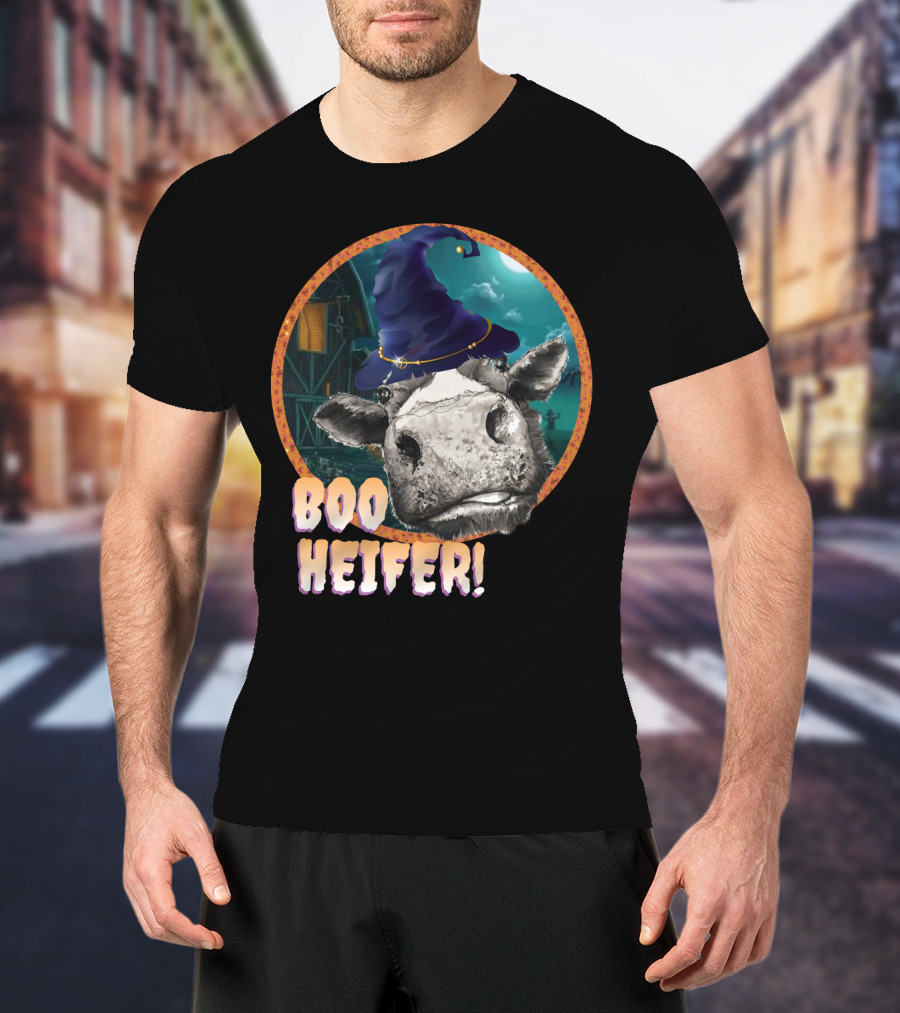 Boo Heifer Funny Halloween Cow Witch Farmer Lady With Hat And Farm Background T-Shirt