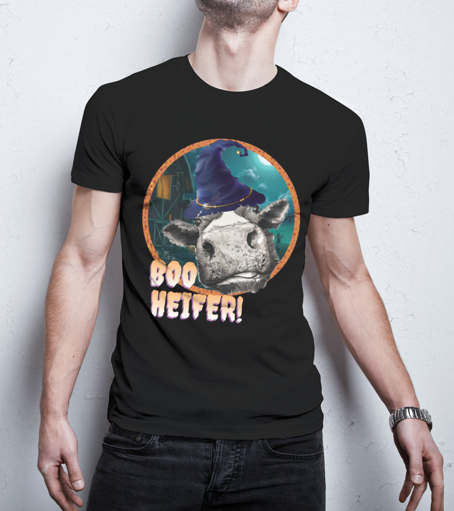Boo Heifer Funny Halloween Cow Witch Farmer Lady With Hat And Farm Background T-Shirt
