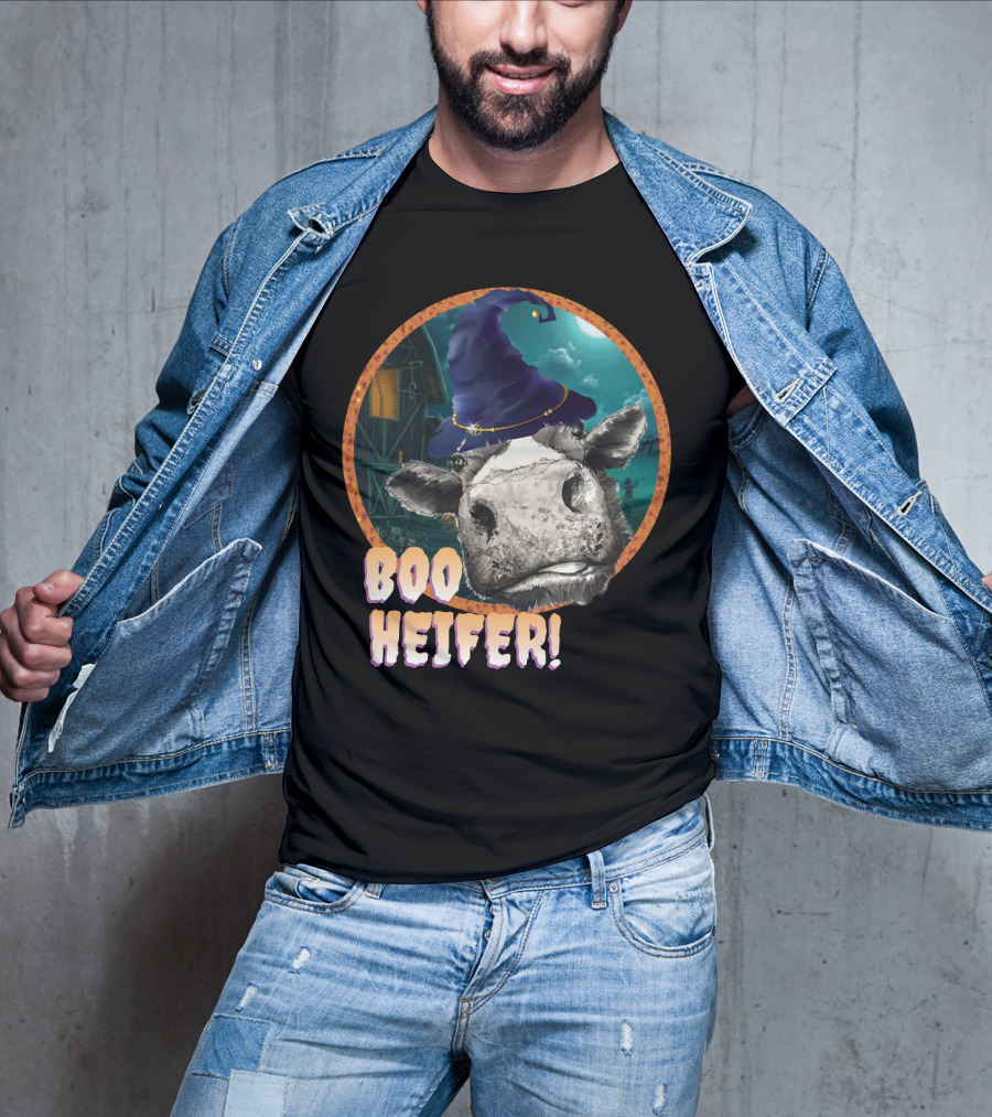 Boo Heifer Funny Halloween Cow Witch Farmer Lady With Hat And Farm Background T-Shirt