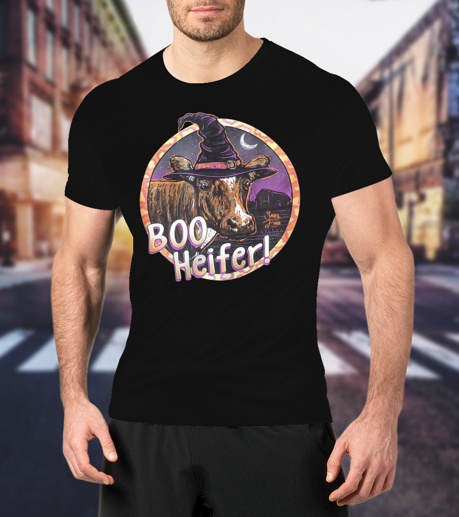 Boo Heifer Funny Halloween Witch Cow With Moon And Barn Scene T-Shirt