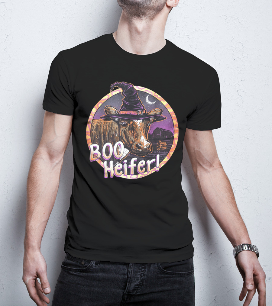 Boo Heifer Funny Halloween Witch Cow With Moon And Barn Scene T-Shirt