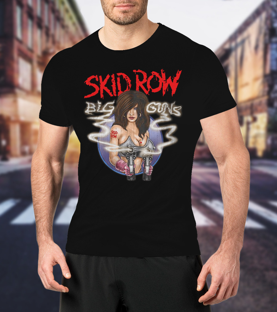 Skid Row Big Guns Heavy Metal Fan Art With Smoking Pistols Motif T-Shirt
