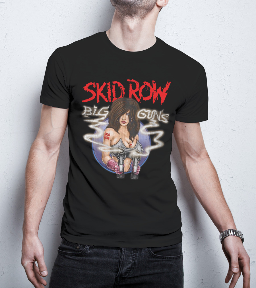 Skid Row Big Guns Heavy Metal Fan Art With Smoking Pistols Motif T-Shirt