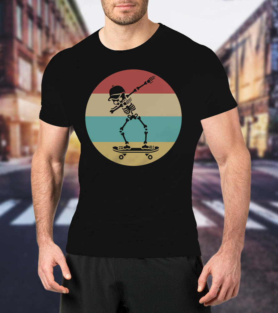 Dabbing Skeleton Skateboarder Retro Stripes Vintage Sunset T-Shirt