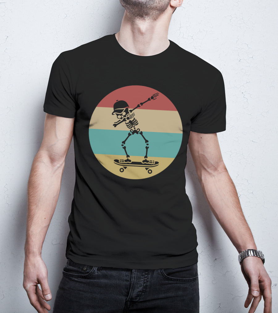 Dabbing Skeleton Skateboarder Retro Stripes Vintage Sunset T-Shirt