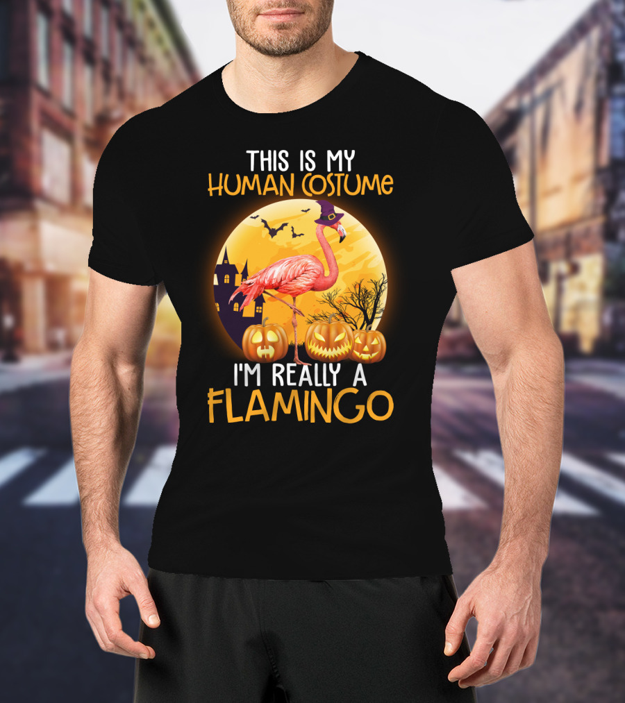 This Is My Human Costume I'm Really A Flamingo Halloween Witch With Pumpkins And Bats T-Shirt