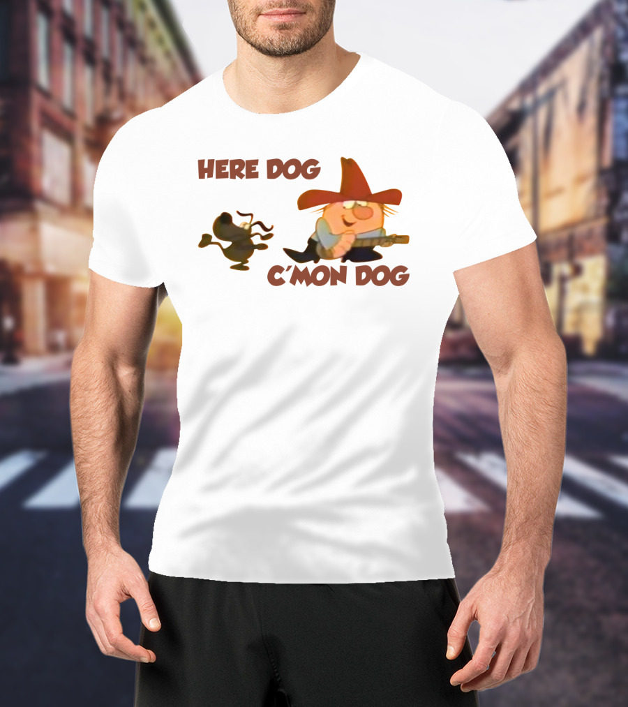Here Dog C'mon Dog Cartoon Character With Cowboy Hat And Guitar T-Shirt