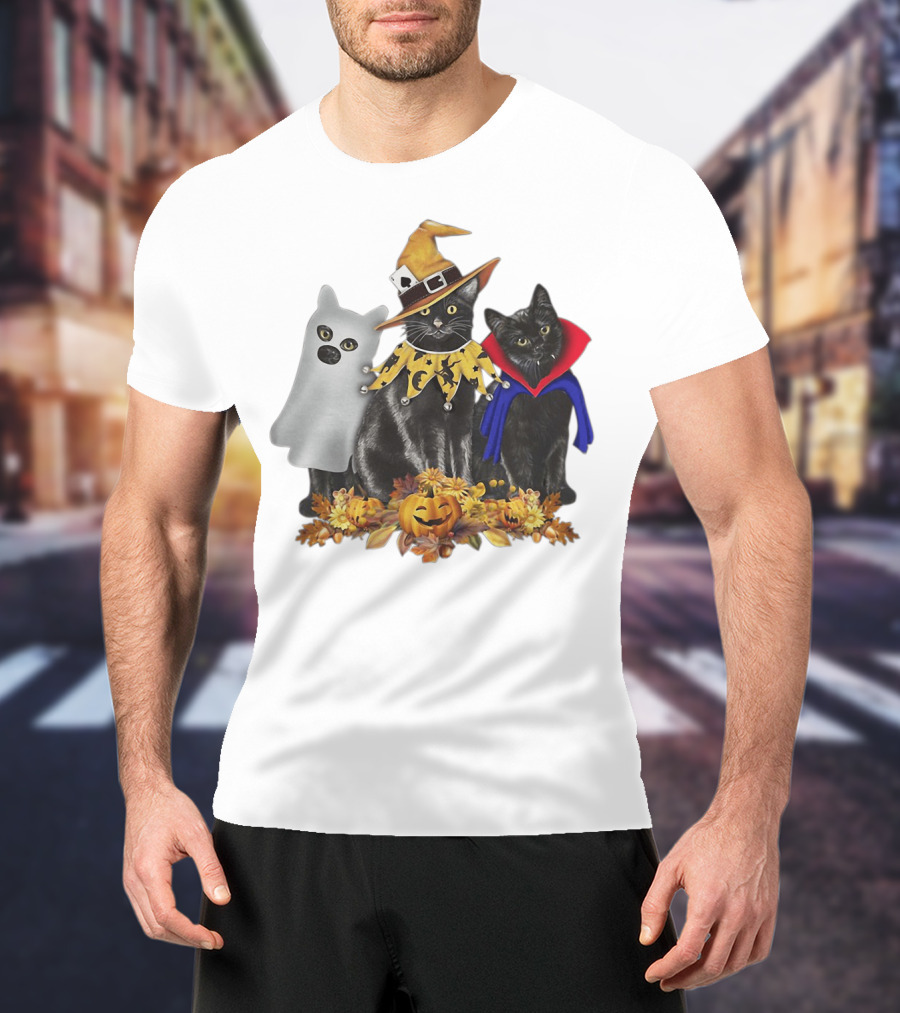 Black Cat Witch Boo Vampire Halloween With Pumpkins And Ghost Costume T-Shirt
