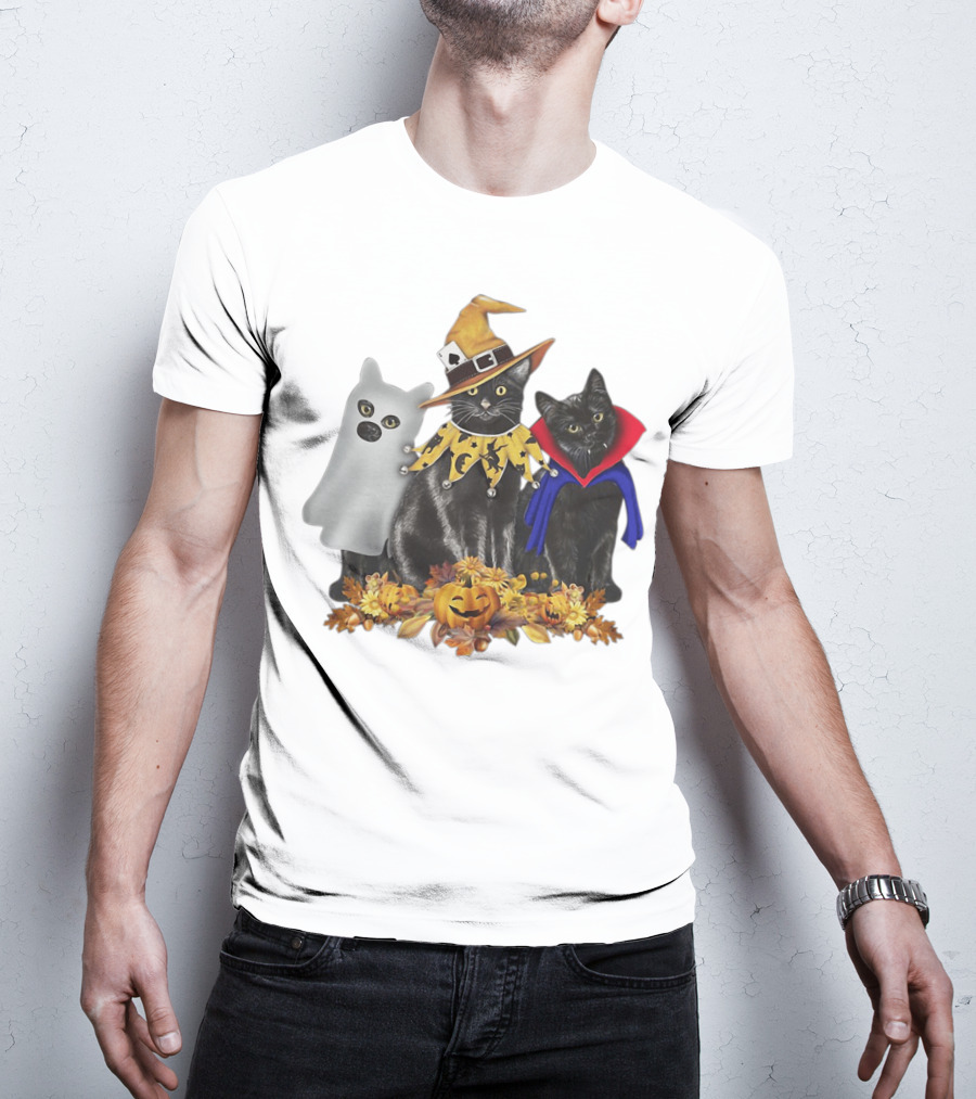 Black Cat Witch Boo Vampire Halloween With Pumpkins And Ghost Costume T-Shirt