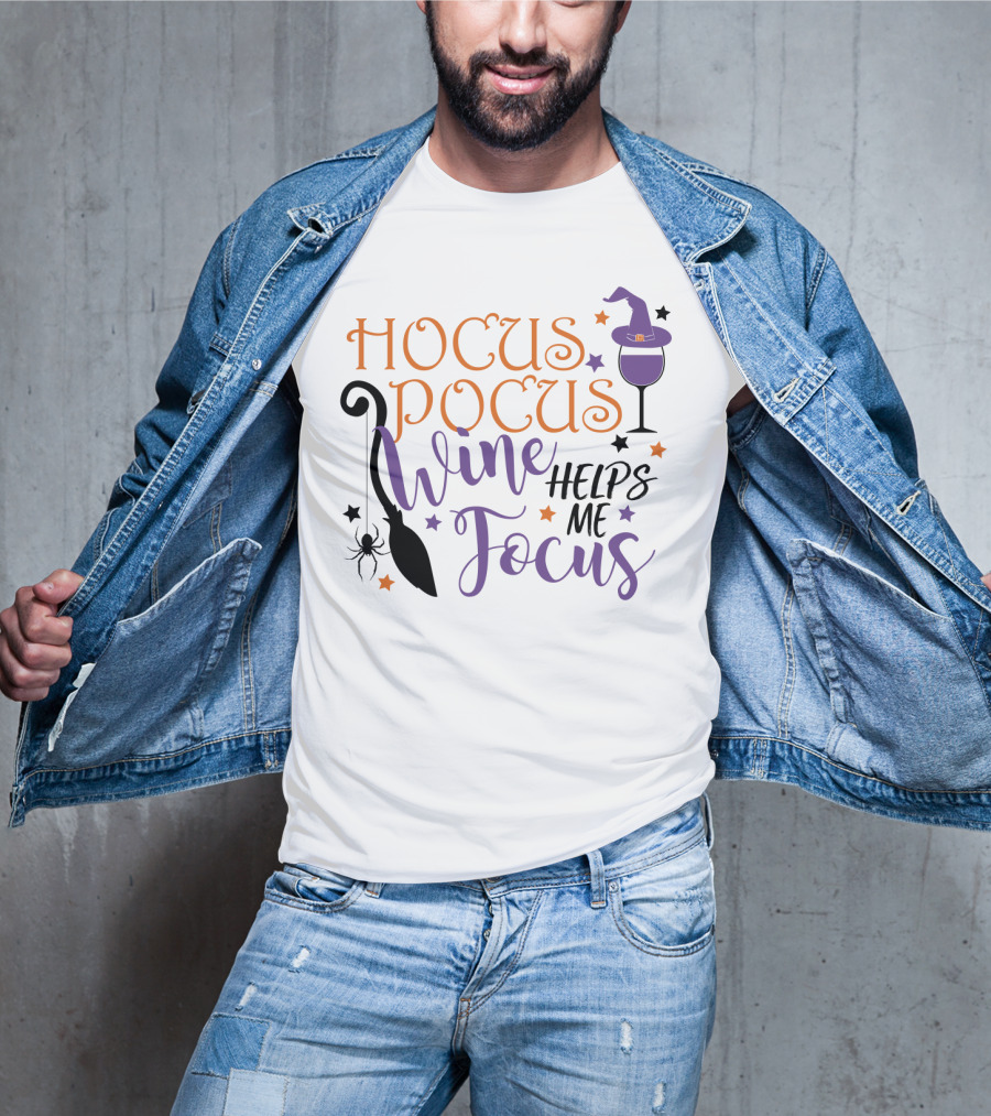 Hocus Pocus Wine Helps Me Focus Funny Halloween Witch Hat Broom Spider Stars T-Shirt