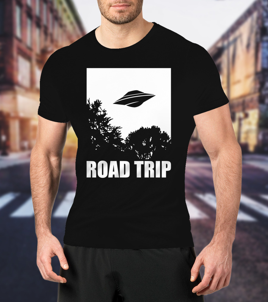 Road Trip UFO Flying Over Silhouette Trees T-Shirt