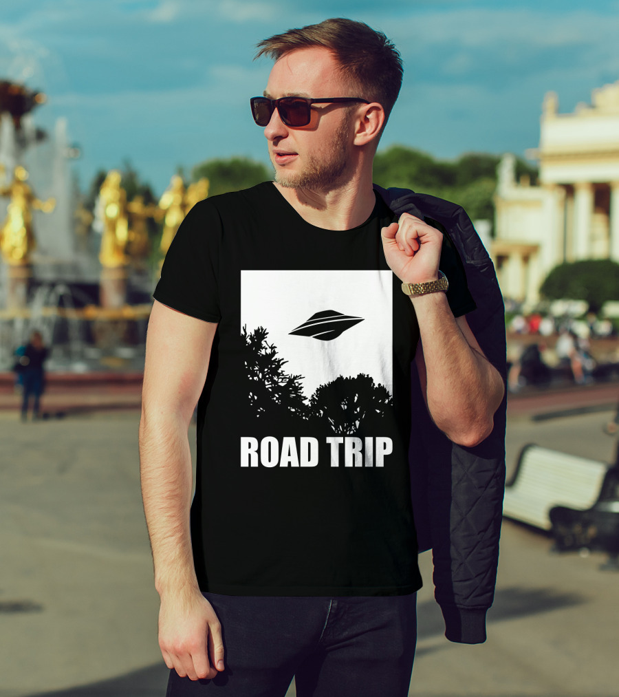 Road Trip UFO Flying Over Silhouette Trees T-Shirt